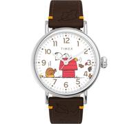 Timex Men's Peanuts 40 mm Watch - Brown Leather Strap with White Dial and Silver-Tone Case TW2W44300