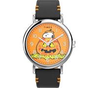 Timex Men's Peanuts Pumpkin 40 mm Watch - Black Leather Strap with Orange Dial and Silver-Tone Case TW2Y12300