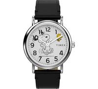Timex Men's Peanuts x Weekender Snoopy Dancing 38 mm Watch - Black Leather Strap with White Dial and Silver-Tone Case TW2Y31000