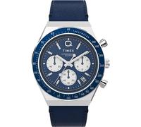 Timex Men's Q Chronograph 40 mm Watch - Blue Leather Two-Piece Quick Release Strap Blue Dial Stainless Steel Case TW2W51700