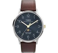Timex Men's Waterbury Classic Moon Phase 40 mm Watch - Brown Vegan Leather Strap with Blue Dial and Stainless Steel Case TW2W75600