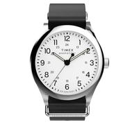 Timex Men's Weekender New England 3 Hand 39 mm Quartz Watch - Black Leather Strap with White Dial and Stainless Steel Case TW2Y35900
