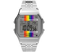 Timex T80 34mm Watch - Silver-Tone with Pride Ranbow & Stainless Steel Bracelet