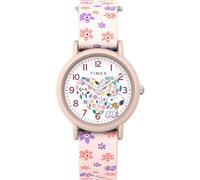 Timex Unisex Peanuts Floral 34mm Watch, Pink Fabric Strap White Dial Pink Case