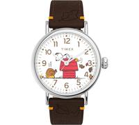Timex Unisex Peanuts White Dial Leather Strap Watch TW2W44300 | Acotis - Brass / Mineral Glass / Leather