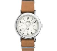 Timex Unisex Weekender 37 mm Watch - Brown Leather Strap with White Dial and Silver-Tone Case TW2W86500
