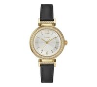 Timex Women's Dress 31mm Watch, Black Leather Strap Silver-Tone Dial Gold-Tone Case