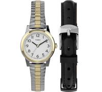 Timex Women's Essex Avenue 25mm Watch Box Set - Two-Tone Case White Dial with Two-Tone Expansion Band + Black Leather Strap