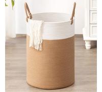 TIMEYARD Large Woven Laundry Basket Hamper, 60L Clothes Laundry Basket, Nursery Cotton Rope Hamper for Blankets, Hampers for Bedroom, 35 x 50 cm, White & Camel