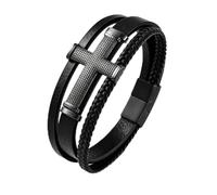 TIMFROZ Mens Christian Cross Leather Bracelet, Multi-Layer Braided Black Wristband with Stainless Steel Cross, Inspirational Faith Jewelry for Dad Easter Baptism Religious Confirmation Bracelets, 8.26