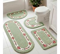 Timgle 4 Pcs Coquette Rug Rose Flower Area Rugs Non Slip Absorbent Bathroom Rugs Washable Door Mat Cottagecore Floral Bathroom Rug Toilet Rug Cute Bath Mat for Home Hotel, 4 Shapes (Green)
