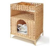 TIMIEEYA Cat Litter Box Enclosure Furniture - Handwoven Rattan Hidden Litter Box Enclosure with Mat, 24.6 x 18.1 x 14.1 Inches Hidden Cat House for Living Room, Bedroom Natural