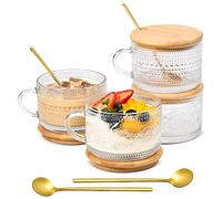 TIMIFTE Vintage Coffee Mugs Set of 4 Embossed Tea Cups, Overnight Oats Containers with Bamboo Lids and Spoons, 14oz Glass Coffee Cups for Cappuccino, Latte, Cereal, Yogurt, Beverage, Clear