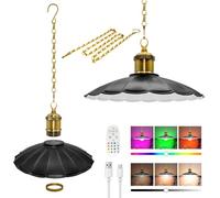 Timing Battery Operated Chandelier, Rechargeable Battery Powered Pendant Light with Remote, 25x6cm Removable Black Metal Lampshade, Metal Chain Hanging Lamp, Dimmable Ceiling Light,No Wiring/Power