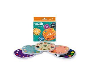 TIMIO Disc Set # 1: 5 Audio Discs for the TIMIO Player | Learn Colours, Wild Animals, Music Instruments, 96 Nursery Rhymes Vol. 1, Body Parts | 8 Languages included | Learning Toy from 2 - 6 years