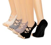 Timntts Women’s Pilates Socks with Grip Non-Slip Toeless Yoga Sock for Sports Ballet Dance Workout 4 Pack, White/Black/Light Purple/Gray, 3.5 UK