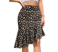 Timormode Floral Midi Skirt for Women Boho Flowy Ruffle Elastic High Waist Summer Skirts Casual High Low Asymmetric Swing Hem Skirt TMS8008 BlackColorfulFlower M