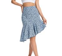 Timormode Floral Midi Skirt for Women Boho Flowy Ruffle Elastic High Waist Summer Skirts Casual High Low Asymmetric Swing Hem Skirt TMS8008 Bluewhiteflower XL