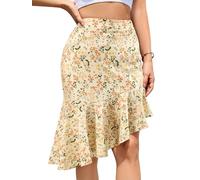 Timormode Floral Midi Skirt for Women Boho Flowy Ruffle Elastic High Waist Summer Skirts Casual High Low Asymmetric Swing Hem Skirt TMS8008 BeigeFlower L