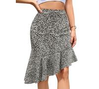 Timormode Floral Midi Skirt for Women Boho Flowy Swing Elastic High Waist Summer Skirts Casual High Low Asymmetric Ruffle Hem Skirt TMS8008 BlackWhitePattern S