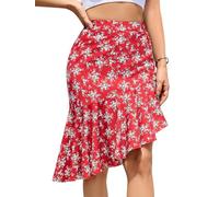 Timormode Floral Midi Skirt for Women Boho Flowy Swing Elastic High Waist Summer Skirts Casual High Low Asymmetric Ruffle Hem Skirt TMS8008 RedSmallFlower L