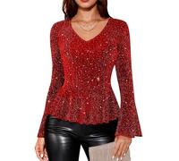 Timormode Sparkly Tops for Women Long Sleeve V Neck Sequin Shirts Slim Fitted Ruffle Glitter Blouses Cocktail Evening Party Wedding TMT7005 Burgundy XL