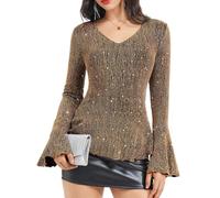Timormode Sparkly Tops for Women Long Sleeve V Neck Sequin Shirts Slim Fitted Ruffle Glitter Blouses Cocktail Evening Party Wedding TMT7005 Golden L