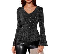 Timormode Sparkly Tops for Women Long Sleeve V Neck Sequin Shirts Slim Fitted Ruffle Glitter Blouses Cocktail Evening Party Wedding TMT7005 Black M