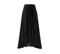 Timormode Women Midi Skirt Ruffle 2025 Summer Beach Skirts Flowy Boho Elastic Waist A-line Chiffon Casual Split Long Skirt TMS8006 Black S