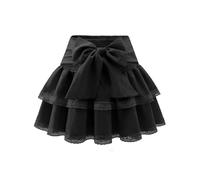 Timormode Women's Girls Bow Mini Skirt Flowy High Waisted Ruffle Lace Hem Short Skirts Cute Boho A-Line Layered Skater Skirt TMS8005LS Black S