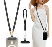 TiMOVO Universal Phone Lanyard, Cell Phone Strap Crossbody with Wrist Strap, Adjustable Leather Lanyard Compatible with Most Smartphones Case, Black