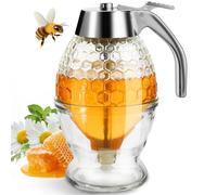 Timtopno Honey Dispenser, Glass Honey Dispenser No Drip, Honey Pot with Stand, 8 oz Honey Jar, Maple Syrup Honey Container, Elegant Honeycomb Design for Home Decor for Any Occasion