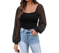 Timuspo Black Blouses for Women UK Puff Mesh Long Sleeve Tops Swiss Dot Spring Summer Shirt Casual Elegant Wear Ribbed Top XL