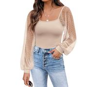 Timuspo Ladies Shirts and Blouses Puff Mesh Sleeve Top Ribbed Knit Polka Dot Summer Tops Holiday Casual Tee Apricot M