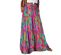 Timuspo Ladies Summer Skirt Boho Long Casual Flowy Midi A-Line Pleated Skirts Elasticated Waist with Pockets Colorful M