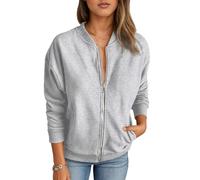 Timuspo Long Sleeve Zip Up Women's Sweatshirts Casual Loose Lightweight Jackets with Pockets Comfy Utility Jacket Spring Fall Outerwear Grey XL
