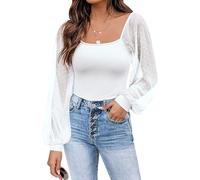 Timuspo Womens White Shirt Puff Mesh Long Sleeve Tops Slim Fit Polka Dot Summer Shirts Ribbed Knit Blouse L