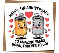 Tin Anniversary Card - 10th Anniversary Funny Cute Can Design, '10 Amazing Years Down, Forever to Go!' - 145mm x 145mm Square Greeting Card with Kraft Envelope for Husband Wife, Him Her