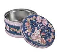 Tin Box for Candies and Small Snacks, Holiday Party Gift | Tinplate Construction, Food Safe Packaging, Cute Colorful Festive Style, for Friends, Blue Floral Rabbit