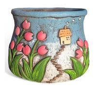 TIN DREAMS FACTORY | Tulip House Planter - Hand-Painted Concrete Decorative Planter - Pot for Plants and Flowers - Indoor and Outdoor - Terrace, Patio, Garden