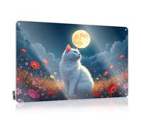 Tin Funny Vintage Sign A White Cat Sits In A Field Of Flowers Under A Full Moon Tin Sign Room Accessories For Teen Boys Sports Bar Decor(20X30CM)