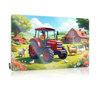 Tin Metal Decor A Farmer Drives A Red Tractor On A Sunny Day, Surrounded By Sheep, Chickens Tin Sign Room Signs For Bedroom Mancave Signs And Decor(20X30CM)
