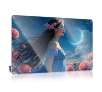 Tin Metal Decor A Woman In A Blue Dress With Flowers In Her Hair Stands Under A Crescent Moon Tin Sign Room Signs For Bedroom Mancave Signs And Decor(20X30CM)