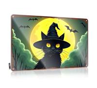 Tin Metal Decor Essentials Colorful A Black Cat Wearing A Witch's Hat Against A Full Moon Backdrop. For Cave - Mens Office Decor Customizable(30X40CM)