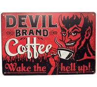 Tin Metal Wall Sign | Devil Coffee Wake the Hell Up! 8 x 12 in. | Decorative Wall Plaque Poster for Room Garage Man Cave (Set of 1)