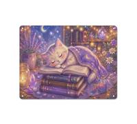 Tin Sign 30x40cm, Wall Decor, Cute Kitten Sleeping on Magic Books | Decorative wall signs add character to game rooms, bars and man caves as a casual wall feature.