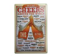 Tin Sign Cheers Around The World Metal Novelty Retro Vintage Wall Plaque 20x30cm Decorative Sign - Ideal for Pub Bar Office Home Bedroom Dining Room Kitchen - Cool Classic Gift Shabby Chic