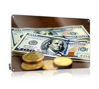 Tin Sign Country Style Decor Retro & Women Power Hanging Folded Edge : Stack Of Hundred-dollar Bills With Gold Coins. Gamer Wall | Man Cave For Men