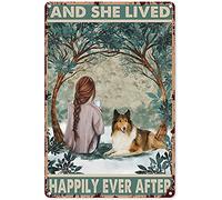 Tin Sign Funny Animal Posters Rough Collie Lying Beside the Girl and Lived Happily Ever After Decoration Vintage Chic Metal Poster Wall Decor Art Gift 12x16 Inch
