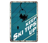 Tin Sign Keep Ski Tips Up Warning Metal Decor Wall Art Vintage Skiing Warning Rustic Plaquees Retro Metal Tin Sign 8X12 Inches